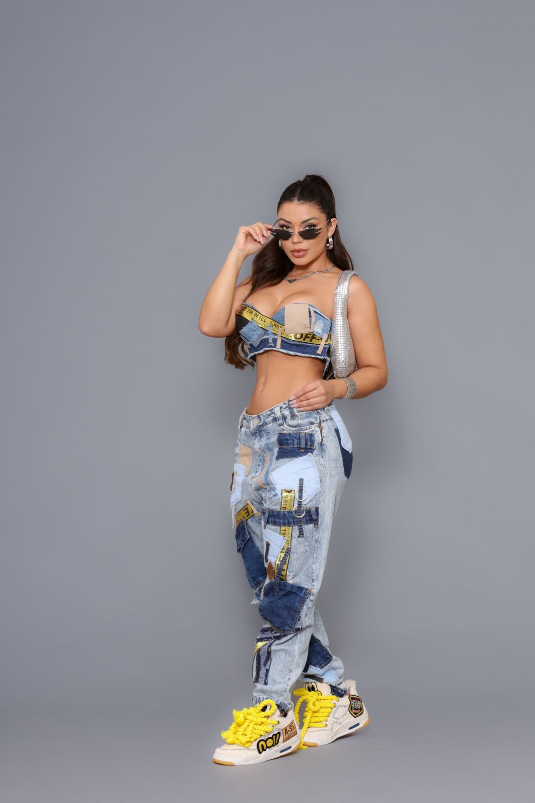 !!Conjunto Jeans Cropped + Calça All Jeans Off White Estilo Street!!