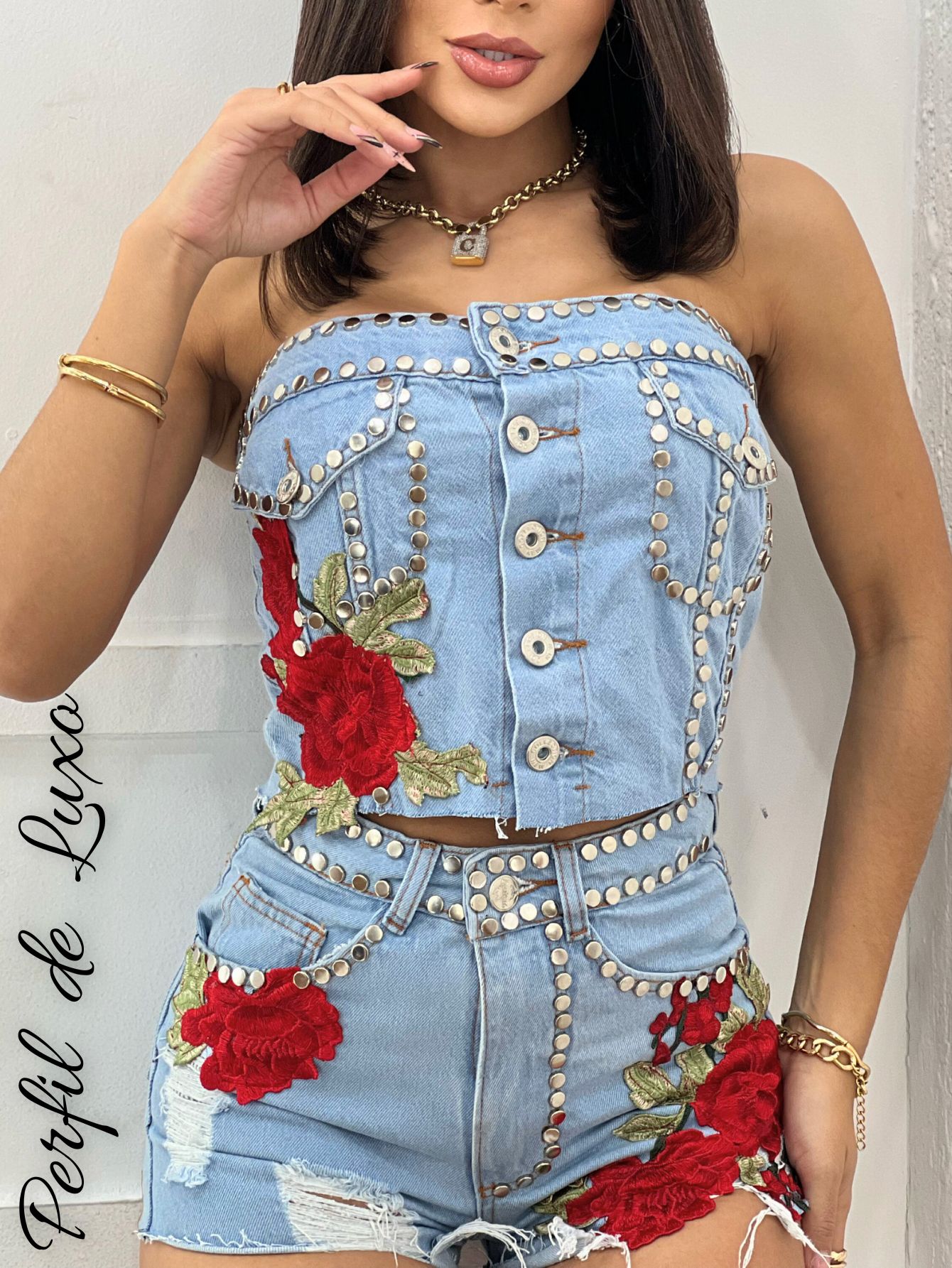 Conjunto Verão Super Fofo e Delicado Short + Cropped Jeans Exclusivo 