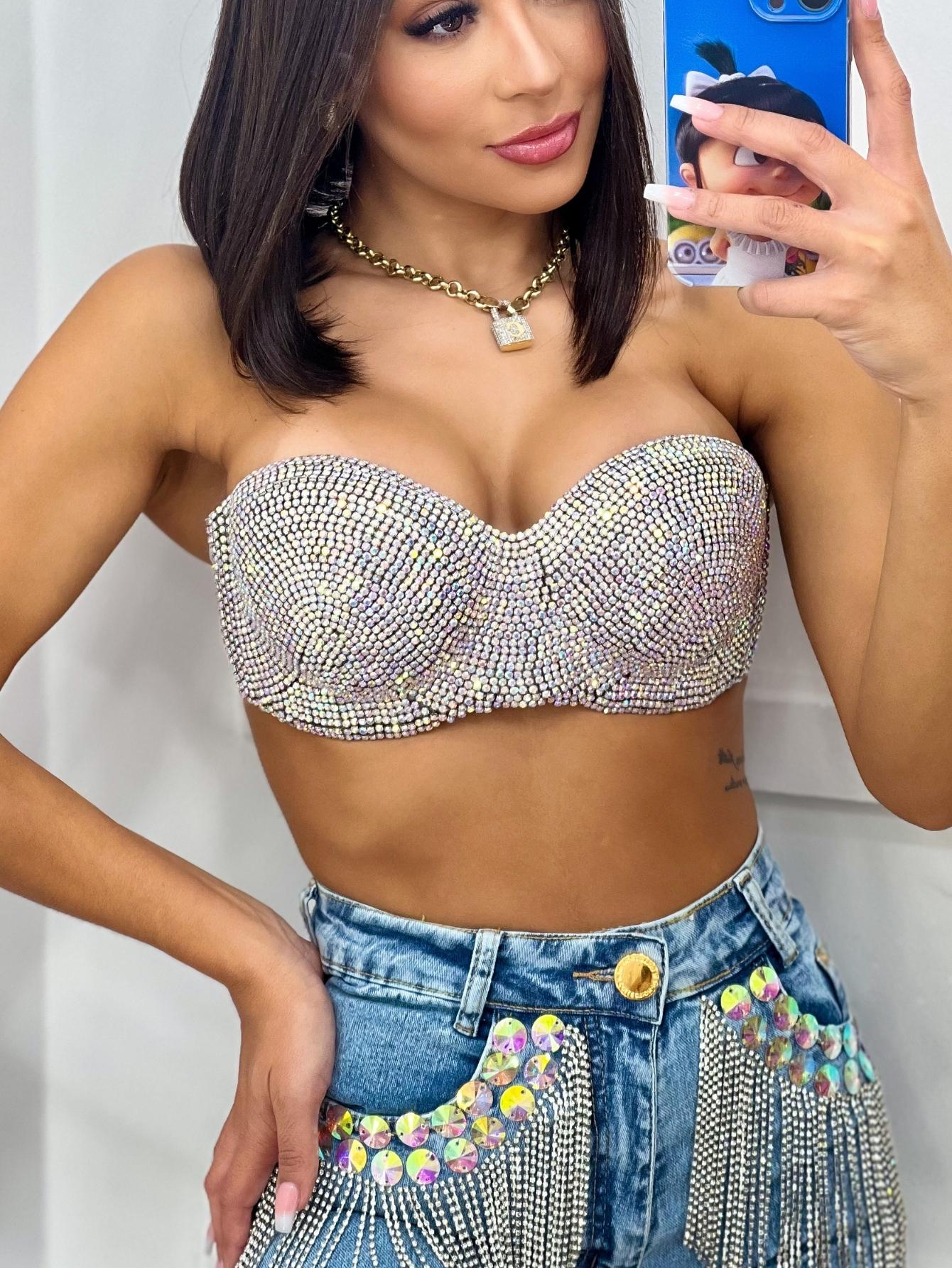 Top Feminino Com Strass Original Prata