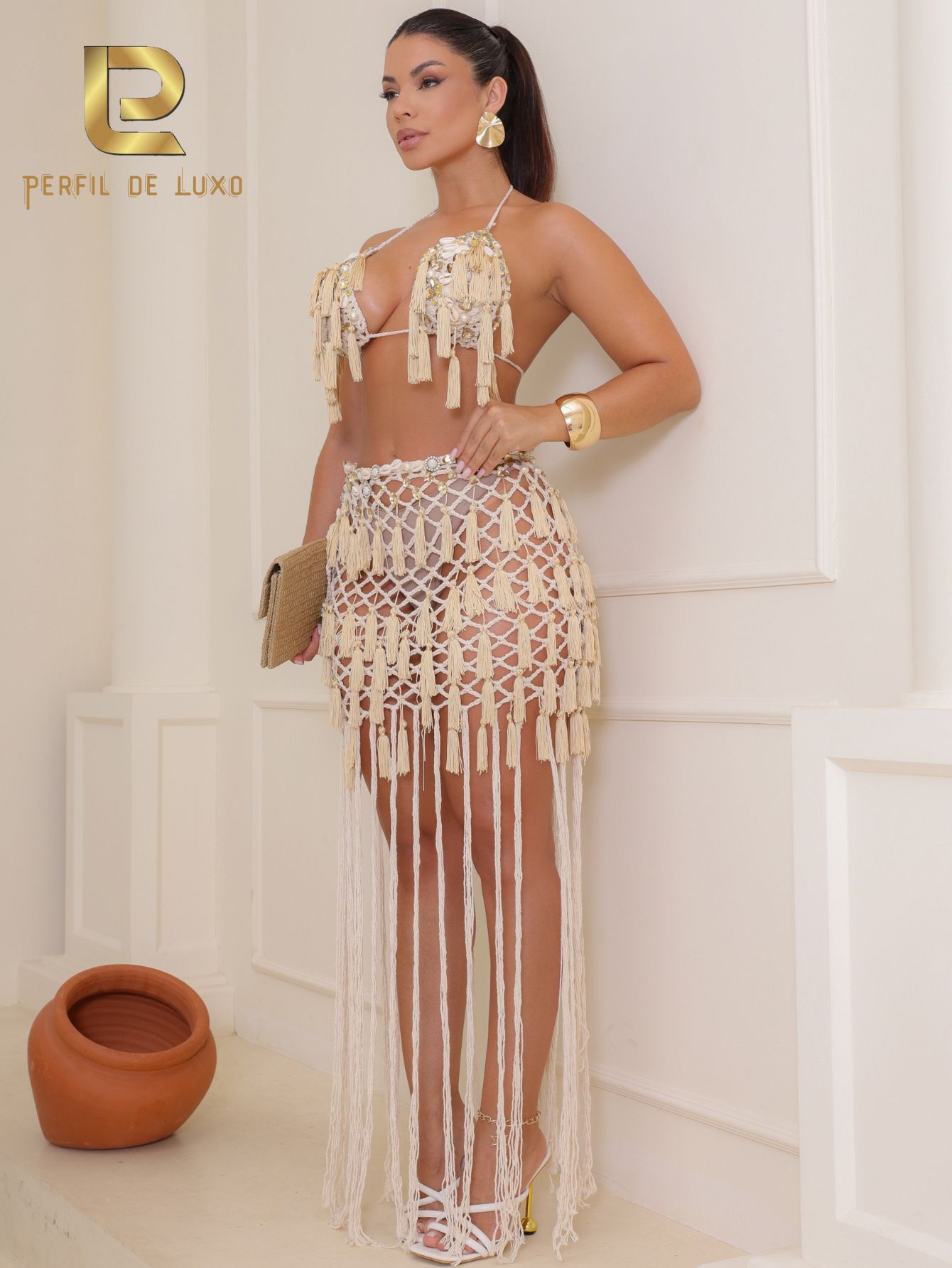 Saida de Praia Premium Saia Longa + Top Alça com Pedrarias de Luxo