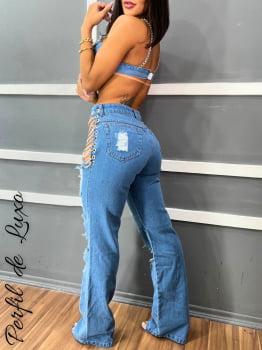 Calça Jeans Wide Leg Feminina C/ Correntes Cós
