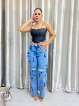 Calça Wide Leg Feminina Star's Estrelas Aplicadas