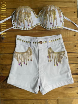 Conjunto Branco Top de Cordão +  Short de Strass Dourados