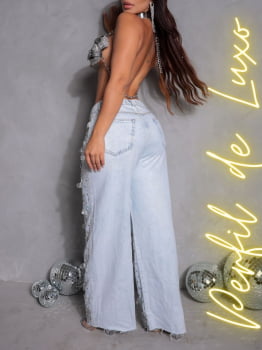 Conjunto Calça Pedrarias + Cropped Manta Prata de Cintos Alta Qualidade 