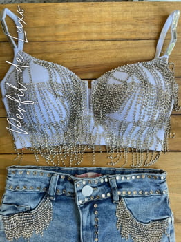 CONJUNTO CROPPED ARO DE STRASS + SHORT LYCRA STRASS DRA DAYANE 