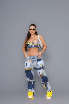 !!Conjunto Jeans Cropped + Calça All Jeans Off White Estilo Street!!