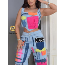 Conjunto Style All Jeans Multicores Calça e Cropped