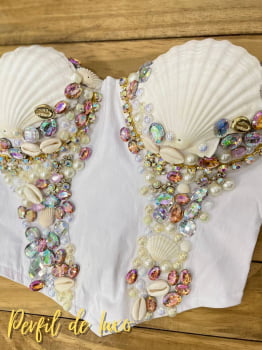 Corselet Sereia Branco com Detalhes em Perolas e Pedrarias Super Estiloso 
