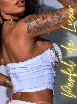 Corselet Sereia Branco com Detalhes em Perolas e Pedrarias Super Estiloso 