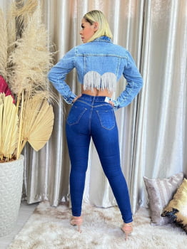 Jaqueta Jeans Fem C/ Franja Strass Prata